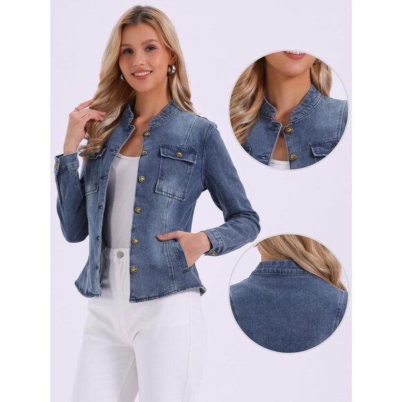 Women's Denim Jacket Classic Stand Collar Long Sleeve Jean Jacket Gray Blue - Picture 3 of 5